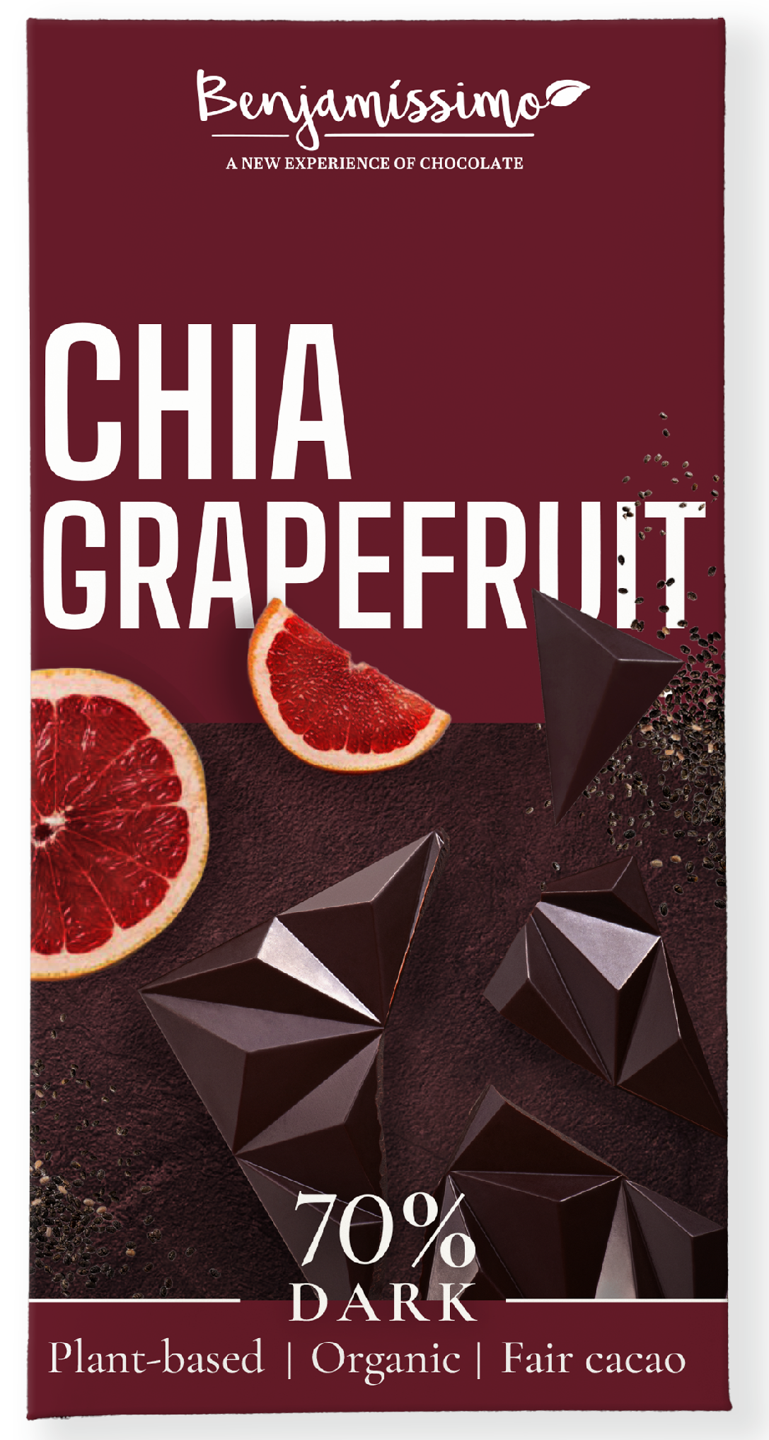 Benjamíssimo Tmavá čokoláda 70% Chia & grapefruit BIO (60 g) – nevšední kombinace chutí Benjamíssimo Tmavá čokoláda 70% Chia & grapefruit BIO (60 g) - nevšední kombinace chutí