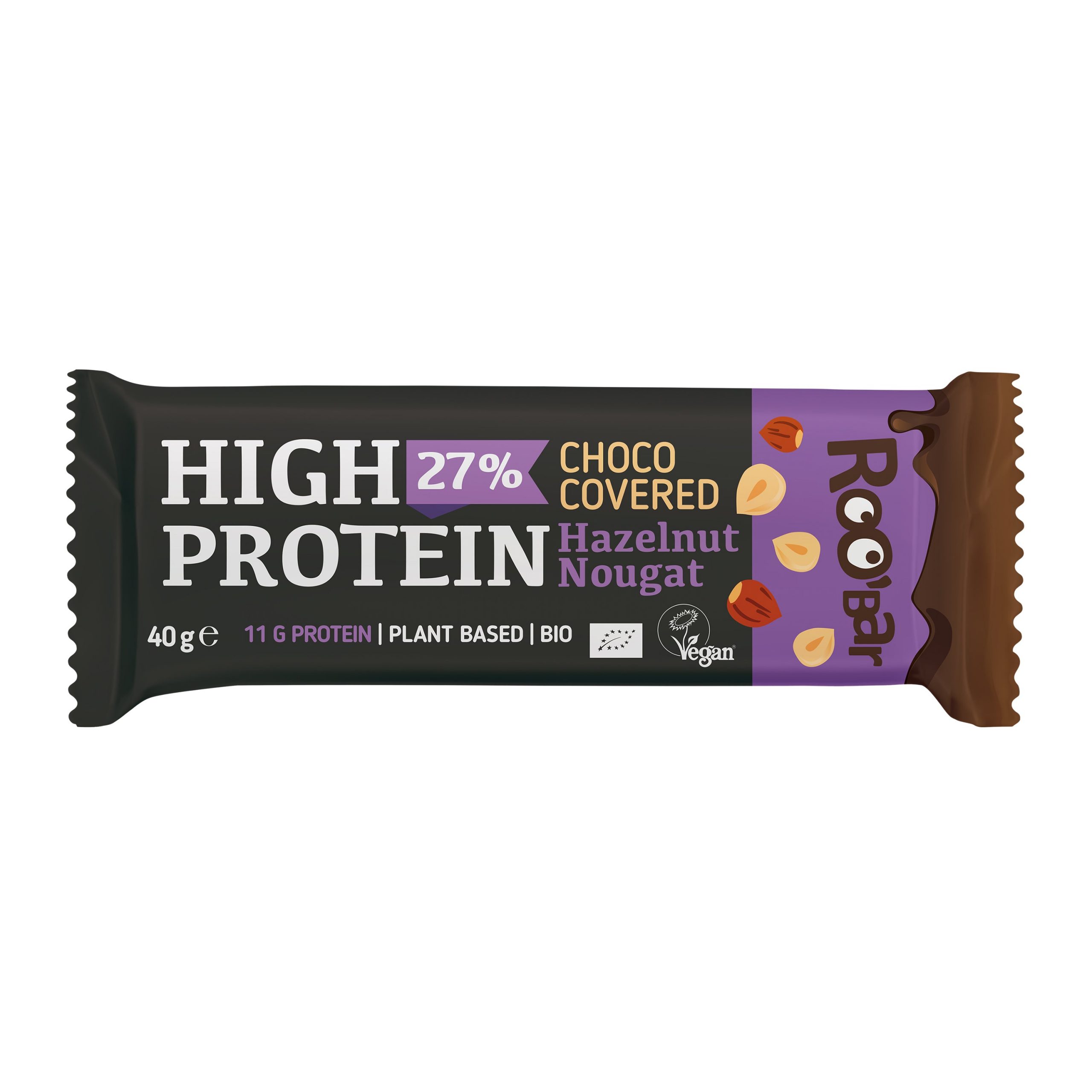 Tyčinka proteinová s nugátem z lískových ořechů v čokoládě veganská 40 g BIO ROO´BAR Tyčinka proteinová s nugátem z lískových ořechů v čokoládě veganská 40 g BIO ROO´BAR
