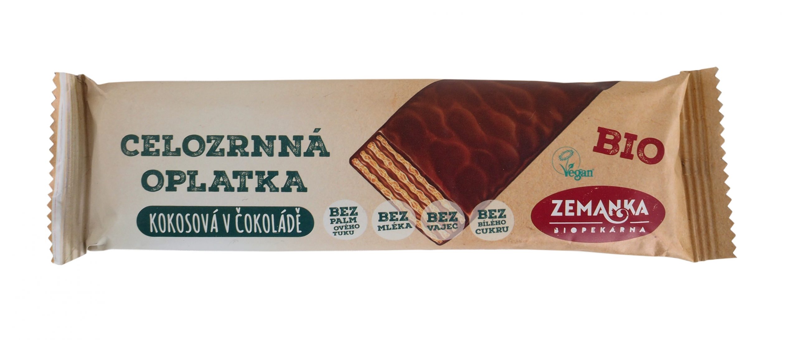 Zemanka Celozrnná oplatka kokosová v čokoládě BIO (40 g) – veganské mlsání bez palmáče Zemanka Celozrnná oplatka kokosová v čokoládě BIO (40 g) - veganské mlsání bez palmáče