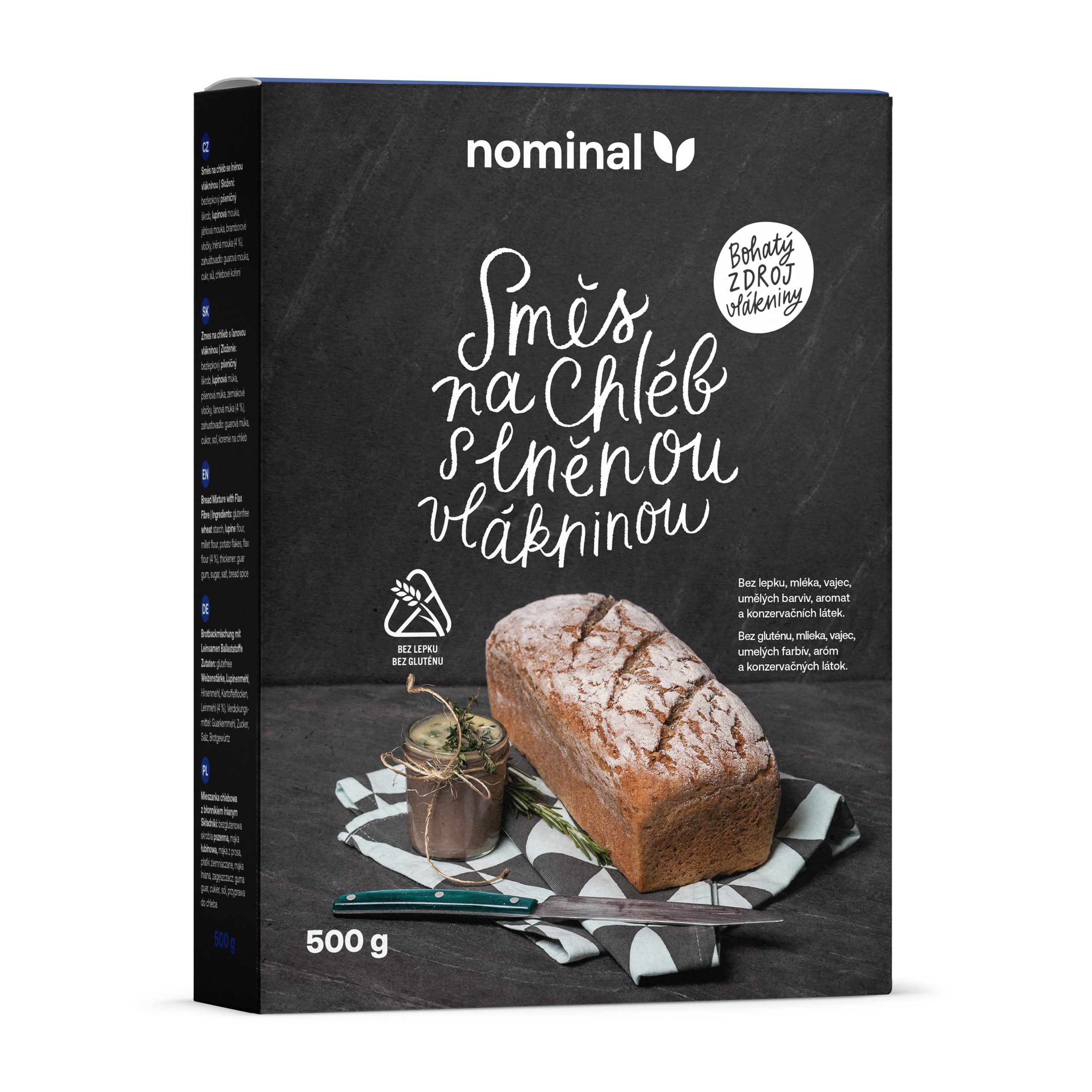 Směs na chléb s lněnou vlákninou bezlepkový 500 g NOMINAL Směs na chléb s lněnou vlákninou bezlepkový 500 g NOMINAL