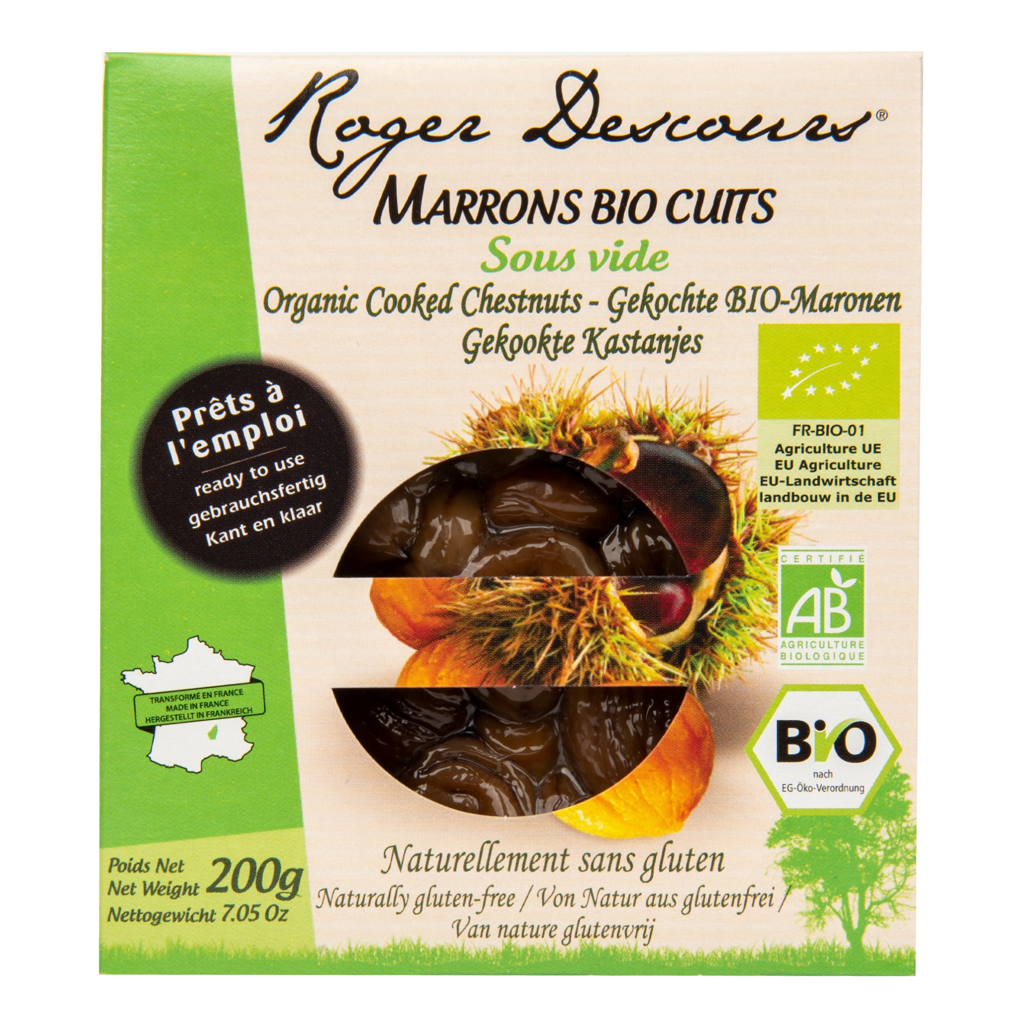 Roger Descours Kaštany loupané vařené – vakuované BIO (200 g) Roger Descours Kaštany loupané vařené - vakuované BIO (200 g)